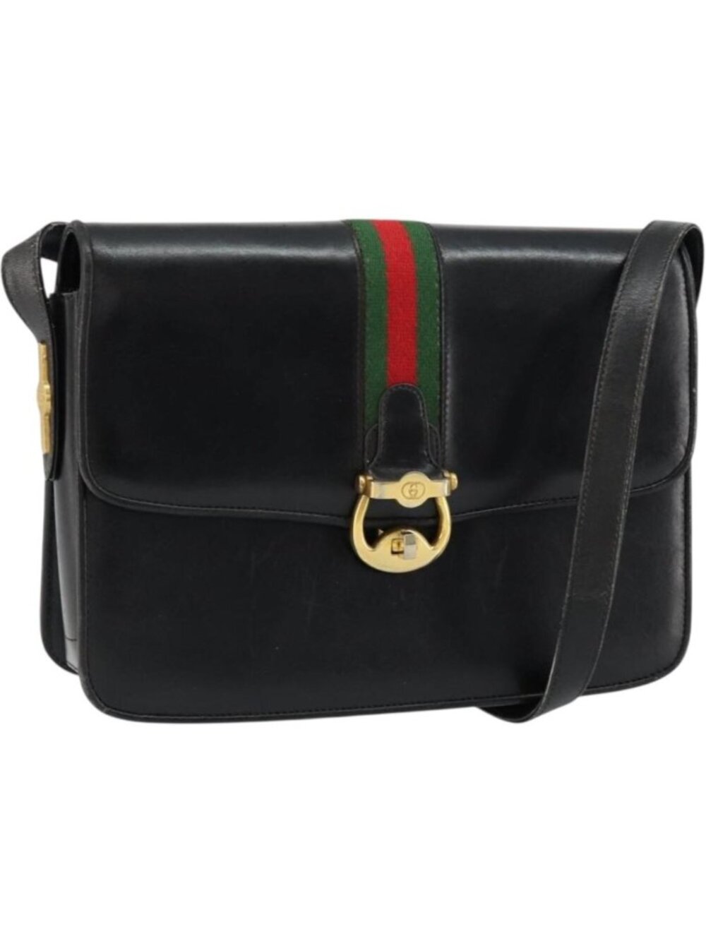 GUCCI Web Sherry Line Shoulder Bag Leather Black Gold